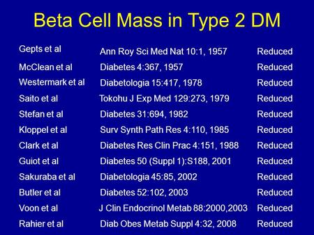 Beta Cell Mass in Type 2 DM Gepts et al McClean et al Westermark et al Saito et al Stefan et al Ann Roy Sci Med Nat 10:1, 1957 Reduced Diabetes 4:367,