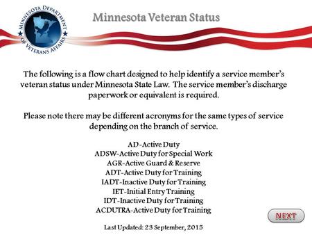 The following is a flow chart designed to help identify a service member’s veteran status under Minnesota State Law. The service member’s discharge paperwork.