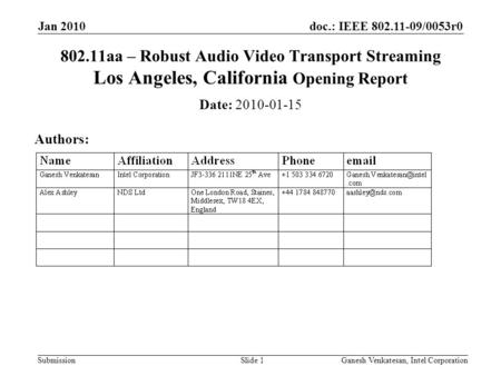 Doc.: IEEE 802.11-09/0053r0 Submission 802.11aa – Robust Audio Video Transport Streaming Los Angeles, California Opening Report Date: 2010-01-15 Authors: