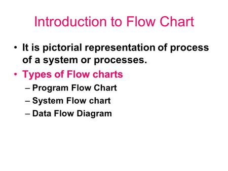 Introduction to Flow Chart It is pictorial representation of process of a system or processes. Types of Flow charts –Program Flow Chart –System Flow chart.