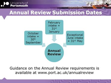 Annual Review Submission Dates Annual Review October intake = 30 th September February intake = 31 st January Exceptional June intake = 31 st May Guidance.