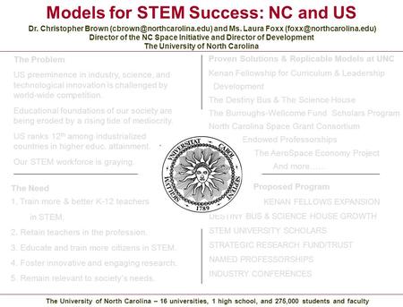 Models for STEM Success: NC and US Dr. Christopher Brown and Ms. Laura Foxx Director of the NC Space.