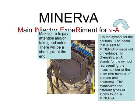 MINERvA Main INjector ExpeRiment for -A is the symbol for the neutrino. The beam that is sent to MINERvA is made out of neutrinos. In chemistry, an A stands.