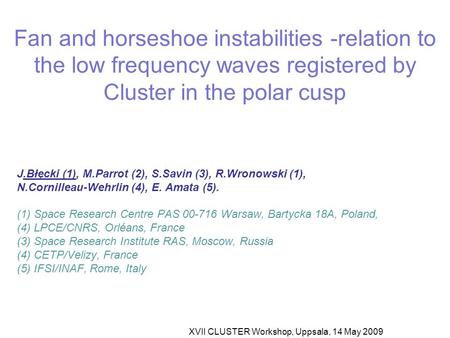 XVII CLUSTER Workshop, Uppsala, 14 May 2009 Fan and horseshoe instabilities -relation to the low frequency waves registered by Cluster in the polar cusp.