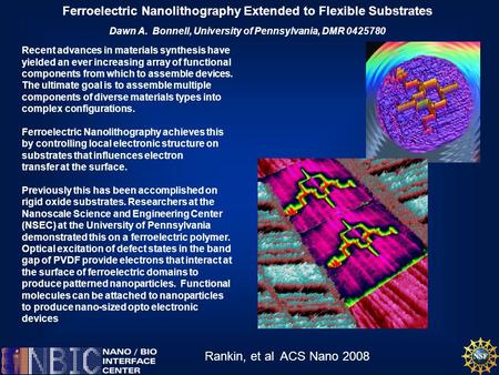 Ferroelectric Nanolithography Extended to Flexible Substrates Dawn A. Bonnell, University of Pennsylvania, DMR 0425780 Recent advances in materials synthesis.