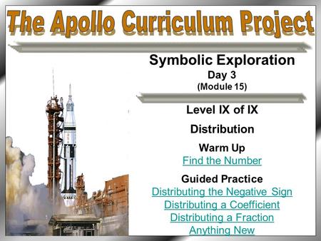 Symbolic Exploration Day 3 (Module 15) Level IX of IX Distribution Warm Up Find the Number Guided Practice Distributing the Negative Sign Distributing.