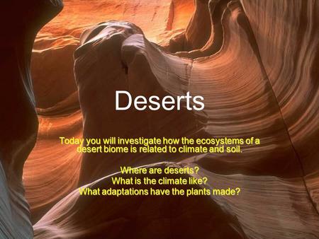 Deserts Today you will investigate how the ecosystems of a desert biome is related to climate and soil. Where are deserts? What is the climate like? What.