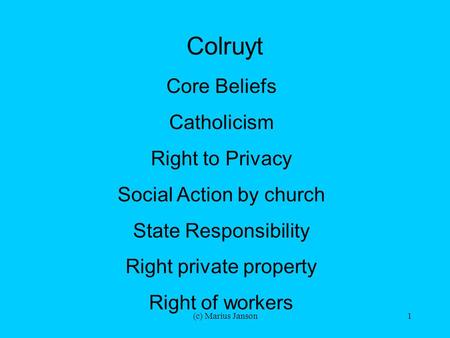 (c) Marius Janson1 Colruyt Core Beliefs Catholicism Right to Privacy Social Action by church State Responsibility Right private property Right of workers.