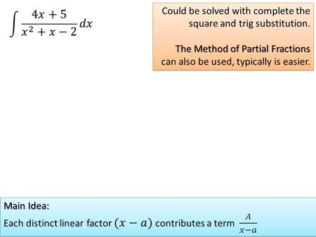 Could be solved with complete the square and trig substitution. The Method of Partial Fractions can also be used, typically is easier. Could be solved.