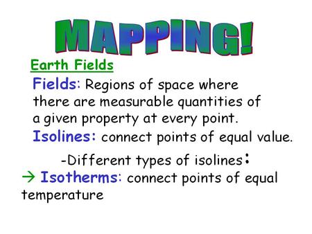 Isolines: contour lines on an elevation map Isotherms: contour lines on a temperature map Isobars: contour lines on an air pressure.