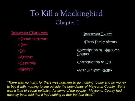 To Kill a Mockingbird Chapter 1 Important Characters Important Events