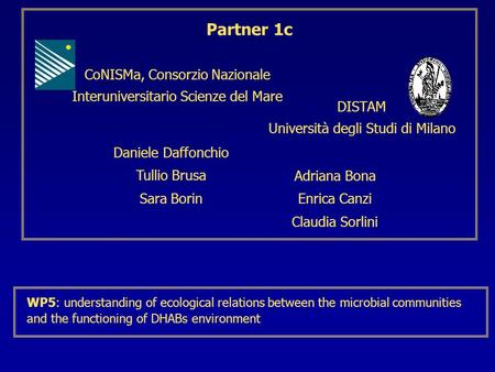 CoNISMa, Consorzio Nazionale Interuniversitario Scienze del Mare Partner 1c DISTAM Università degli Studi di Milano Daniele Daffonchio Tullio Brusa Sara.