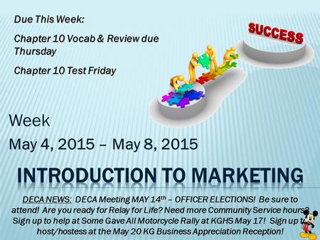 Week May 4, 2015 – May 8, 2015 DECA NEWS: DECA Meeting MAY 14 th – OFFICER ELECTIONS! Be sure to attend! Are you ready for Relay for Life? Need more Community.