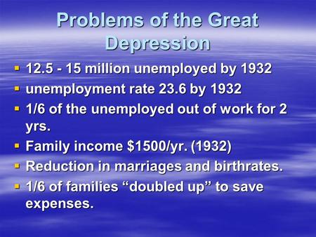 Problems of the Great Depression  12.5 - 15 million unemployed by 1932  unemployment rate 23.6 by 1932  1/6 of the unemployed out of work for 2 yrs.