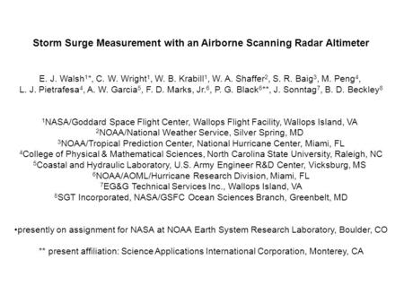 Storm Surge Measurement with an Airborne Scanning Radar Altimeter E. J. Walsh 1 *, C. W. Wright 1, W. B. Krabill 1, W. A. Shaffer 2, S. R. Baig 3, M. Peng.