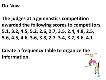 Do Now The judges at a gymnastics competition awarded the following scores to competitors. 5.1, 3.2, 4.5, 5.2, 2.6, 2.7, 3.5, 2.4, 4.8, 2.5, 5.6, 4.5,