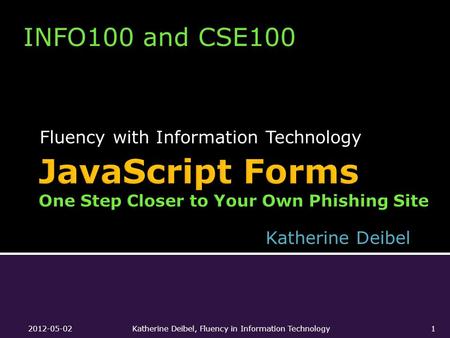 Fluency with Information Technology INFO100 and CSE100 Katherine Deibel 2012-05-02Katherine Deibel, Fluency in Information Technology1.