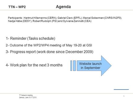 1 TT Network meeting, Geneva, June 10-11 2010 TTN – WP2 Agenda Participants : Hartmut Hillemanns (CERN), Gabriel Clerc (EPFL), Marcel Soberman (CNRS/IN2P3),