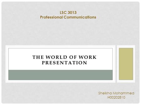 LSC 3013 Professional Communications THE WORLD OF WORK PRESENTATION Sheikha Mohammed H00202810.