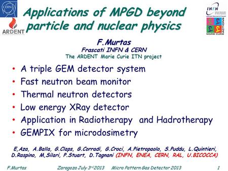 F.Murtas1 Zaragoza July 3 rd 2013 Micro Pattern Gas Detector 2013 Applications of MPGD beyond particle and nuclear physics A triple GEM detector system.