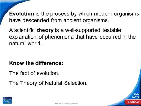 End Show 15-1 The Puzzle of Life's Diversity Slide 1 of 20 Copyright Pearson Prentice Hall 15-1 The Puzzle of Life's Diversity Evolution is the process.