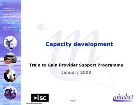 Mindset 2000 LtdSlide 1 Train to Gain Provider Support Programme January 2008 Capacity development.