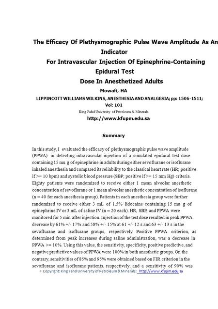 © The Efficacy Of Plethysmographic Pulse Wave Amplitude As An Indicator For Intravascular Injection Of Epinephrine-Containing Epidural Test Dose In Anesthetized.