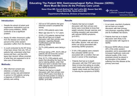 Educating The Patient With Gastroesophageal Reflux Disease (GERD): More Must Be Done At the Primary Care Level. Naser Khan MD, Sarosh Bukhari DO, Asif.