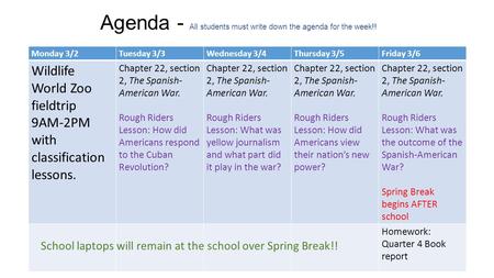 Agenda - All students must write down the agenda for the week!! Monday 3/2Tuesday 3/3Wednesday 3/4Thursday 3/5Friday 3/6 Wildlife World Zoo fieldtrip 9AM-2PM.