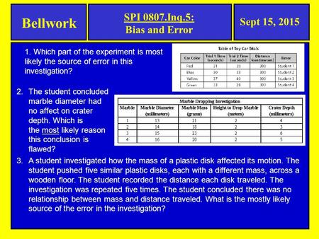 Bellwork Sept 15, 2015 SPI 0807.Inq.5: Bias and Error 1. Which part of the experiment is most likely the source of error in this investigation? 2.The student.