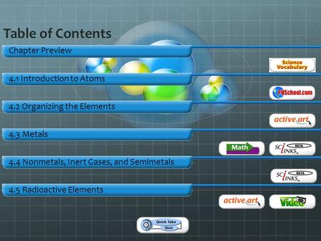 Chapter Preview 4.1 Introduction to Atoms 4.2 Organizing the Elements 4.3 Metals 4.4 Nonmetals, Inert Gases, and Semimetals 4.5 Radioactive Elements Table.