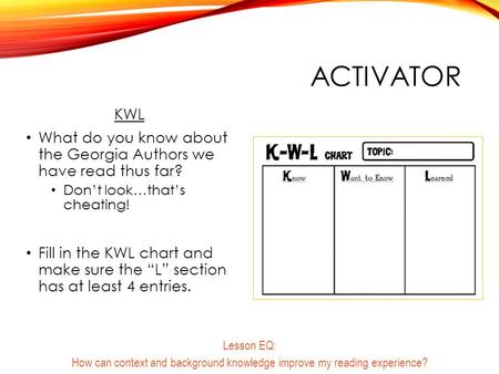 ACTIVATOR KWL What do you know about the Georgia Authors we have read thus far? Don’t look…that’s cheating! Fill in the KWL chart and make sure the “L”