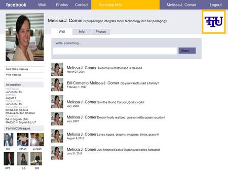 Facebook Melissa J. Comer is preparing to integrate more technology into her pedagogy WallPhotosContactPersonal InfoMelissa J. ComerLogout Send MJC a message.