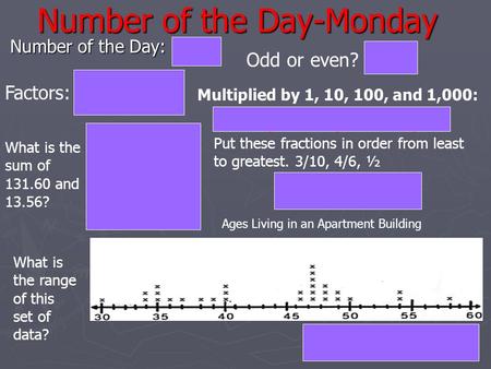 Number of the Day-Monday Number of the Day: 131 Odd or even? odd Factors: 1, 131 Multiplied by 1, 10, 100, and 1,000: 131 1,31013,100 131,000 What is the.