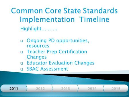 Highlight……….  Ongoing PD opportunities, resources  Teacher Prep Certification Changes  Educator Evaluation Changes  SBAC Assessment.