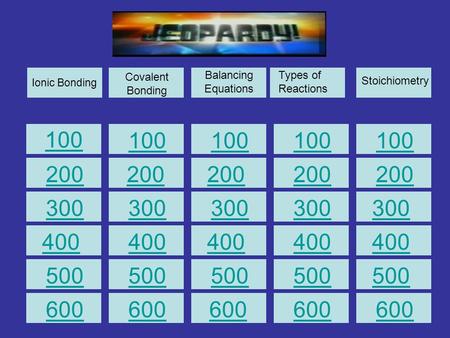 100 Ionic Bonding 100 200 300 400 500 Covalent Bonding Stoichiometry Types of Reactions Balancing Equations 600.