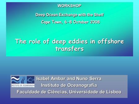 WORKSHOP Deep Ocean Exchange with the Shelf Cape Town, 6-8 October 2008 The role of deep eddies in offshore transfers Isabel Ambar and Nuno Serra Instituto.