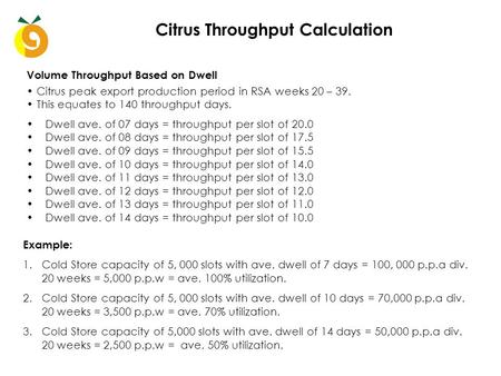 Citrus Throughput Calculation Dwell ave. of 07 days = throughput per slot of 20.0 Dwell ave. of 08 days = throughput per slot of 17.5 Dwell ave. of 09.