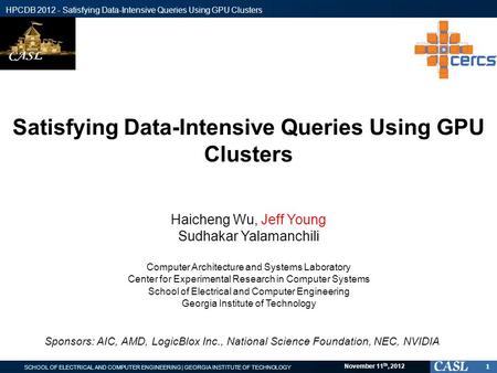 SCHOOL OF ELECTRICAL AND COMPUTER ENGINEERING | GEORGIA INSTITUTE OF TECHNOLOGY HPCDB 2012 - Satisfying Data-Intensive Queries Using GPU Clusters November.