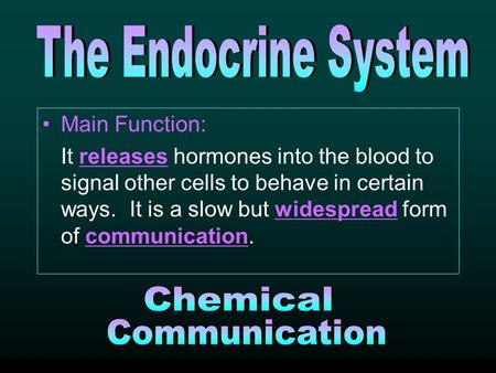 Main Function: It releases hormones into the blood to signal other cells to behave in certain ways. It is a slow but widespread form of communication.