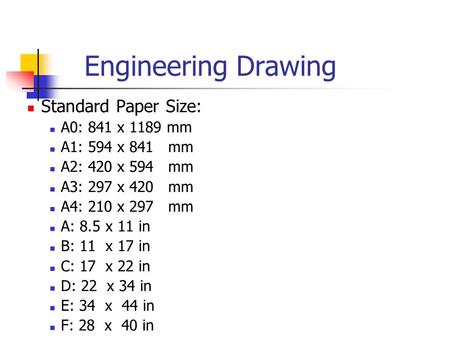 Engineering Drawing Standard Paper Size: A0: 841 x 1189 mm A1: 594 x 841 mm A2: 420 x 594 mm A3: 297 x 420 mm A4: 210 x 297 mm A: 8.5 x 11 in B: 11 x 17.