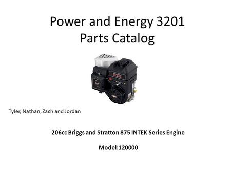 Power and Energy 3201 Parts Catalog 206cc Briggs and Stratton 875 INTEK Series Engine Model:120000 Tyler, Nathan, Zach and Jordan.