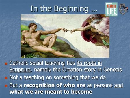 In the Beginning … Catholic social teaching has its roots in Scripture, namely the Creation story in Genesis Catholic social teaching has its roots in.