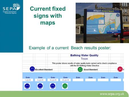 Current fixed signs with maps Example of a current Beach results poster: