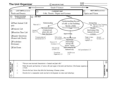 NAME DATE The Unit Organizer BIGGER PICTURE LAST UNIT/Experience CURRENT UNIT NEXT UNIT/Experience UNIT SELF-TEST QUESTIONS is about... UNIT RELATIONSHIPS.