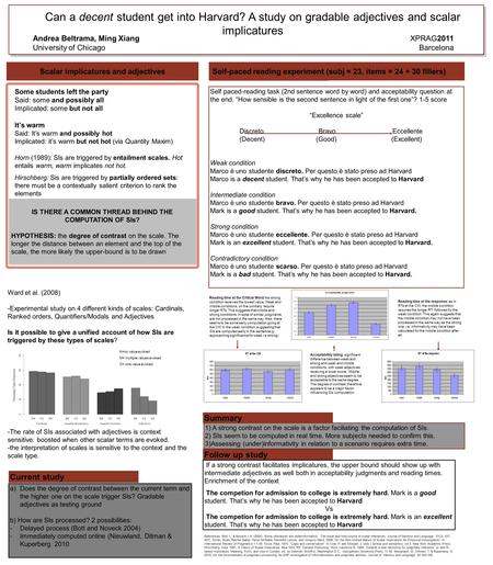 Scalar implicatures and adjectives Can a decent student get into Harvard? A study on gradable adjectives and scalar implicatures XPRAG2011 Barcelona Some.