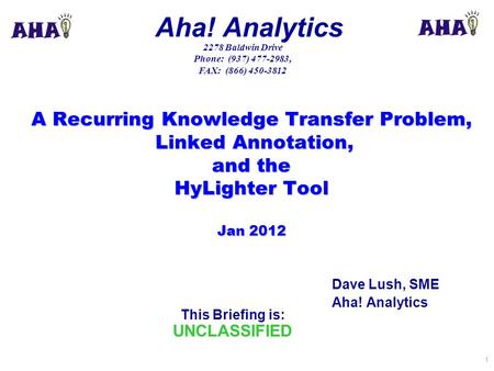 This Briefing is: UNCLASSIFIED Aha! Analytics 2278 Baldwin Drive Phone: (937) 477-2983, FAX: (866) 450-3812 1 A Recurring Knowledge Transfer Problem, Linked.