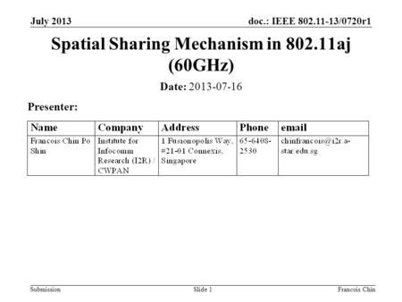 Doc.: IEEE 802.11-13/0720r1 SubmissionSlide 1 Date: 2013-07-16 Presenter: Spatial Sharing Mechanism in 802.11aj (60GHz) July 2013 Francois Chin.