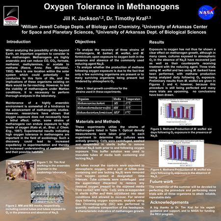 Oxygen Tolerance in Methanogens Jill K. Jackson 1,2, Dr. Timothy Kral 2,3 1 William Jewell College Depts. of Biology and Chemistry, 2 University of Arkansas.