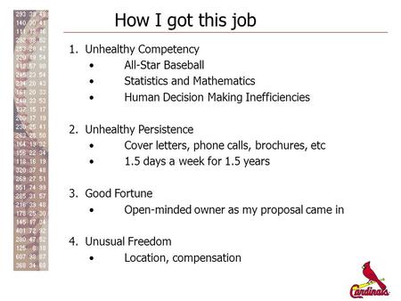 How I got this job 1. Unhealthy Competency All-Star Baseball Statistics and Mathematics Human Decision Making Inefficiencies 2. Unhealthy Persistence Cover.